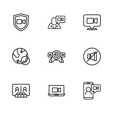 Görüntülü sohbet konferansını ayarla. Mikrofon, kamera ve ikon. Vektör.