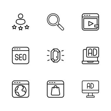 Satır Çevrimiçi alışveriş ekranında Diamond Video Reklamcılık Tüketici Ürün Derecelendirme Büyüteci ve SEO optimizasyon simgesi. Vektör.