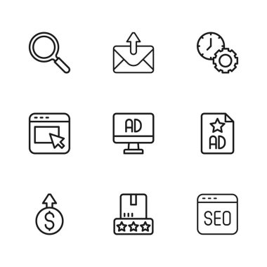 SEO optimizasyon Zaman Yönetimi Büyütme Camın Posta, e-posta ve simgesi satırını ayarla. Vektör.