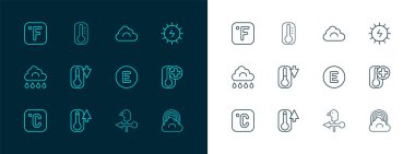 Güneş enerjisi paneli termometre pusula batı horoz rüzgar gülü Cloud Fahrenheit ve ikon ayarlayın. Vektör.