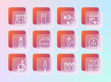 Kamp ateşi, tencere ve bot ikonu ile balık oltası ya da balık oltası için balık yemi ya da kutusuna servis edilen oltayı kur. Vektör.