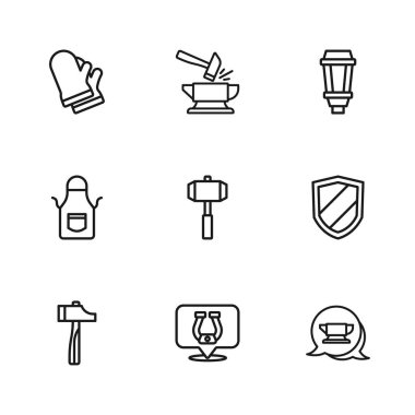 Horseshoe Shield Blacksmith örs aleti Sledgehammer Garden lambası koruyucu eldivenler Anvil ve önlük ikonu. Vektör.