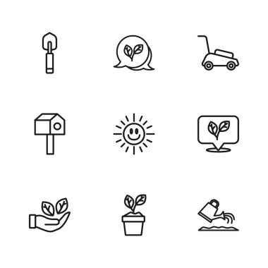 Konserve Yaprak Sulama, Güneş Çim biçme makinesi, bahçe küreği, kürek ve kuş evi ikonu. Vektör.