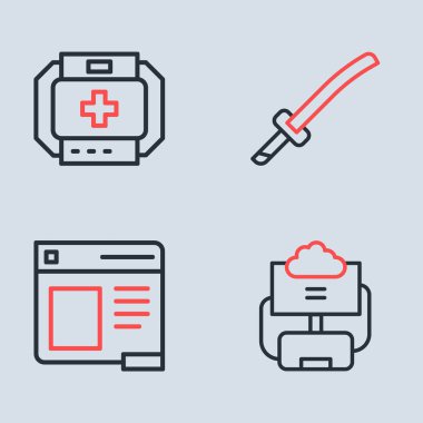 Katana Tarayıcı pencere bulut veritabanı ve ilk yardım çantası simgesini ayarla. Vektör.