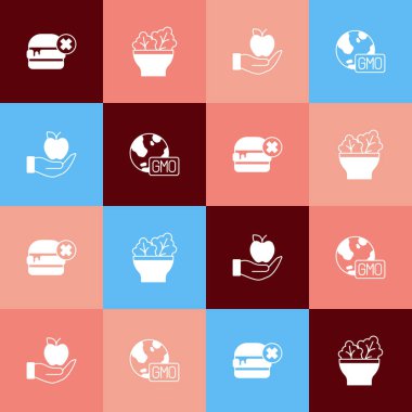 Pop sanatını hazırla. Elma ve GDO ikonunda hamburger salatası olmasın. Vektör.