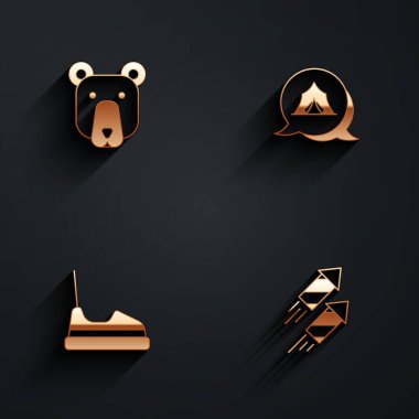 Ayı başlı sirk arabası ve uzun gölgeli havai fişek ikonu hazırla. Vektör.