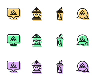 Su sirki çadırı, atlıkarınca ve ikon çizgili kağıt bardak. Vektör.