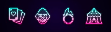 Palyaço kafası, sirk ateş çemberi ve çadır oyunları. Parlayan neon ikonu. Vektör.