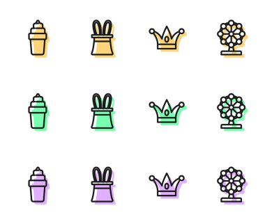 Çizgili Jester şapkası, çan çalan dondurma, waffle sihirbazı, tavşan kulağı ve dönme dolap ikonu. Vektör.