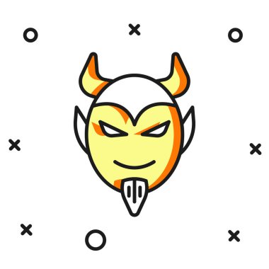 Doldurulmuş ana hatlı Şeytan baş simgesi beyaz arkaplanda izole edildi. Mutlu Cadılar Bayramı Partisi. Düz çizgili, gölgeli. Vektör.