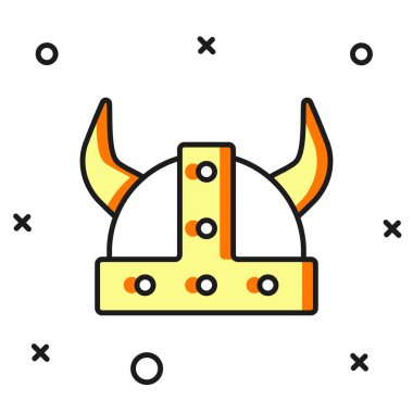 Beyaz arka planda izole edilmiş boynuzlu kask ikonu ile çizilmiş Viking. Düz çizgili, gölgeli. Vektör.