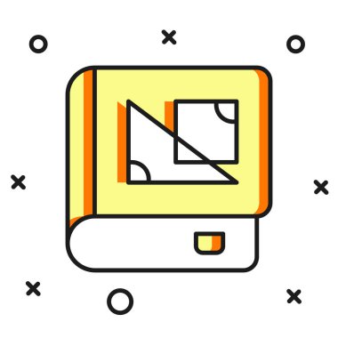 Beyaz arkaplanda izole edilmiş geometri simgesi hakkında ana hatlarıyla dolu bir kitap. Düz çizgili, gölgeli. Vektör.