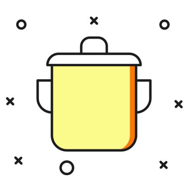 Beyaz arkaplanda izole edilmiş ana hatlı tencere ikonu. Haşlama ya da güveç besin sembolü. Düz çizgili, gölgeli. Vektör.