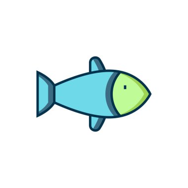 Doldurulmuş ana hatlı Balık simgesi beyaz arkaplanda izole edildi. Düz çizgili, gölgeli. Vektör.