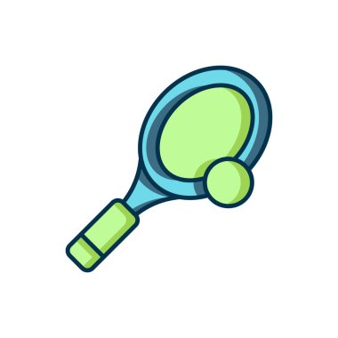 Beyaz arka planda izole edilmiş top ikonlu tenis raketi. Spor malzemeleri. Düz çizgili, gölgeli. Vektör.