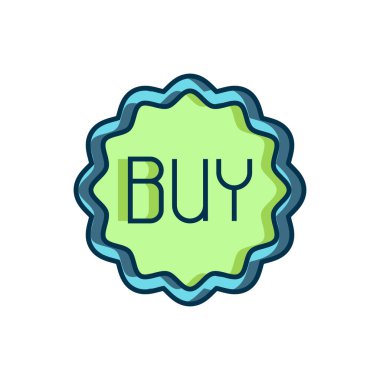 Doldurulmuş ana hatlı Buy düğmesi simgesi beyaz arkaplanda izole edildi. Düz çizgili, gölgeli. Vektör.