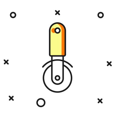 Beyaz arka planda izole edilmiş ana hatlı pizza bıçağı ikonu. Pizza kesme tabelası. Çelik mutfak gereçleri. Düz çizgili, gölgeli. Vektör.