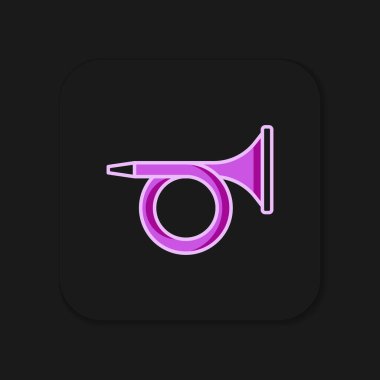 Siyah arkaplanda izole edilmiş ana hatlı Trompet simgesi. Müzik aleti. Düz çizgili, gölgeli. Vektör.