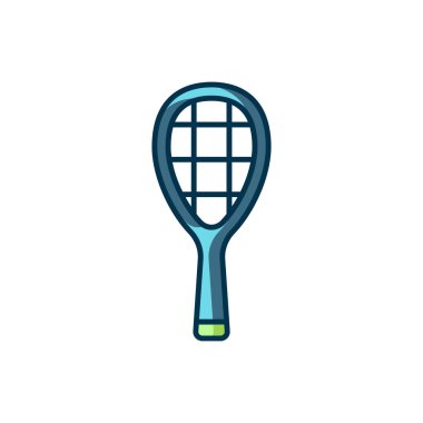 Beyaz arkaplanda izole edilmiş ana hatlı tenis raket simgesi. Spor malzemeleri. Düz çizgili, gölgeli. Vektör.