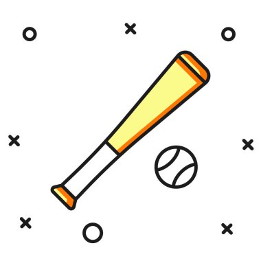 Beyzbol sopasıyla doldurulmuş ve beyaz zemin üzerinde top ikonu var. Düz çizgili, gölgeli. Vektör.