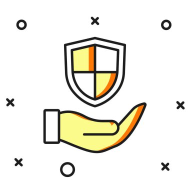 Beyaz arkaplanda izole edilmiş el simgesinde ana hatlarıyla doldurulmuş Kalkan. Sigorta konsepti. Gardiyan. Güvenlik, güvenlik, koruma, gizlilik kavramı. Düz çizgili, gölgeli. Vektör.