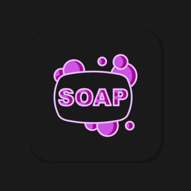 Siyah arkaplanda izole edilmiş ana hatlı sabun simgesi çubuğu. Köpüklü sabun çubuğu. Düz çizgili, gölgeli. Vektör.