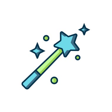 Doldurulmuş sihirli değnek simgesi beyaz arkaplanda izole edildi. Yıldız şeklinde sihirli aksesuar. Sihirli güç. Düz çizgili, gölgeli. Vektör.