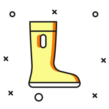 Beyaz arka planda izole edilmiş su geçirmez lastik bot simgesi. Yağmurlu hava, balıkçılık, bahçe işleri için çizme. Düz çizgili, gölgeli. Vektör.