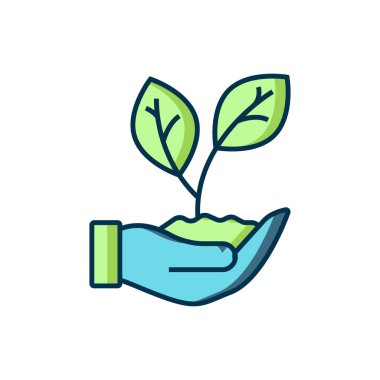 Doldurulmuş El beyaz arkaplanda izole edilmiş bitki ikonunun bir yaprağını tutuyor. Doğayı koru. Yaprak, çevre korumasıyla çekiliyor. Düz çizgili, gölgeli. Vektör.
