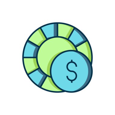 Doldurulmuş ana hatlı kumarhane çipleri simgesi beyaz arkaplanda izole edildi. Kumarhane kumarı. Düz çizgili, gölgeli. Vektör.