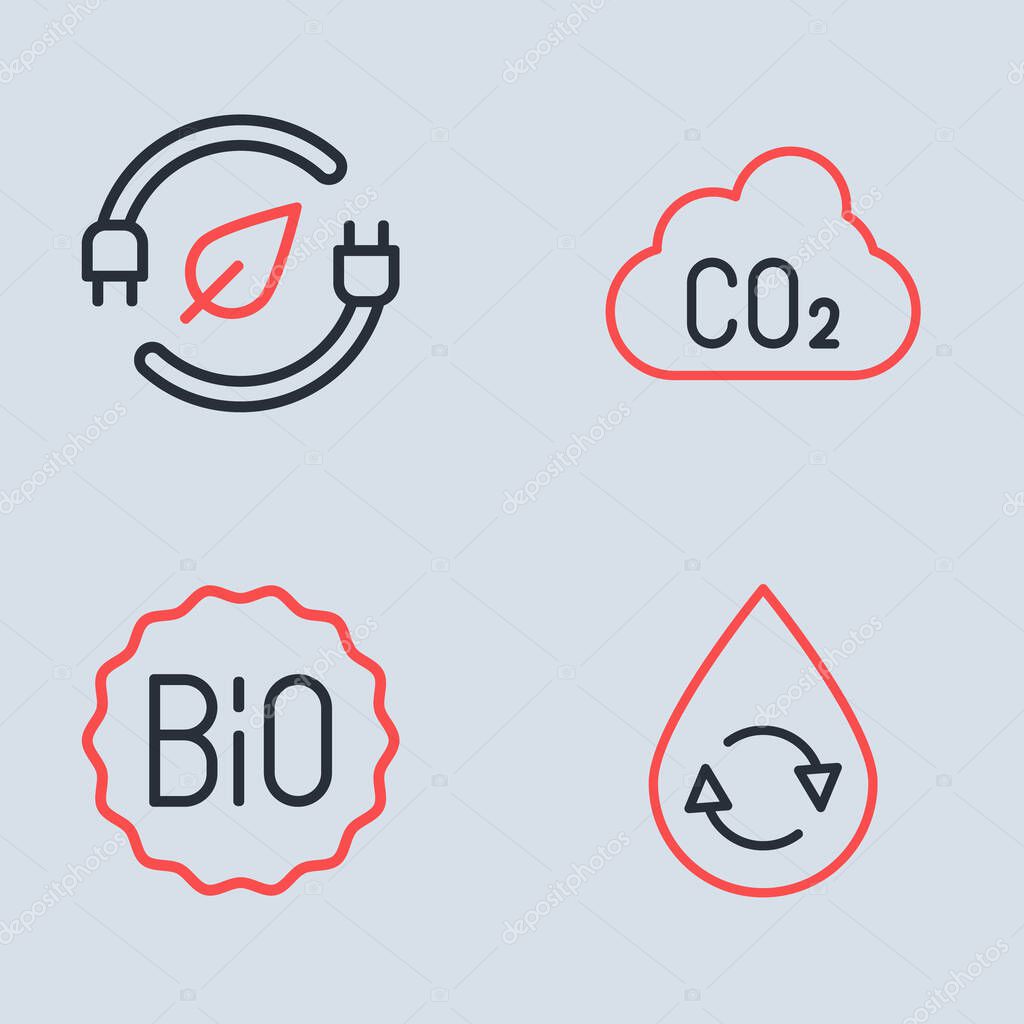 Set line CO2 emissions in cloud Banner for bio Recycle clean aqua and Electric saving plug leaf icon. Vector.