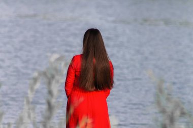 Kırmızı elbiseli kız geri döndü. kopya alanı.