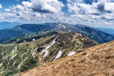 Dağ tepe yaz Karpaty Ukrayna Hoverla bulutlarda beyaz ile mavi gökyüzü altında pastoral görünümünü