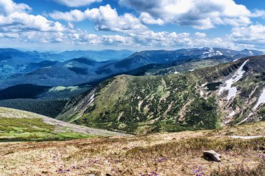 Dağ tepe yaz Karpaty Ukrayna Hoverla bulutlarda beyaz ile mavi gökyüzü altında pastoral görünümünü