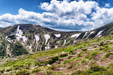 Dağ tepe yaz Karpaty Ukrayna Hoverla bulutlarda beyaz ile mavi gökyüzü altında pastoral görünümünü