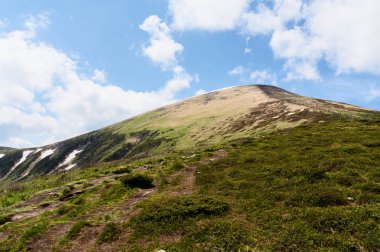 Dağ tepe yaz Karpaty Ukrayna Hoverla bulutlarda beyaz ile mavi gökyüzü altında pastoral görünümünü