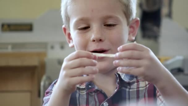 Young Boy Wood Shop Playing Spiral Wood Shaving — Stock Video