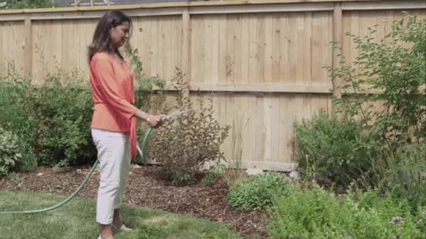 Kobieta Podwórku Podlewanie Roślin Węża Ogrodowego — Wideo stockowe