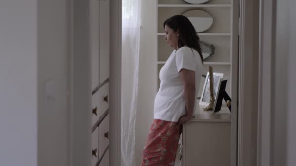 Woman Her Bedroom Leaning Her Dresser — Stock Video