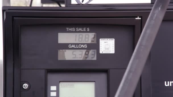Preis Und Treibstoffzähler Während Des Tankvorgangs — Stockvideo