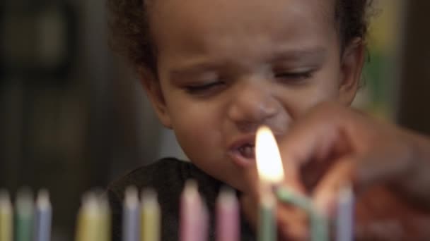 Young Crying Birthday Candles Lit Front Him — Stock Video