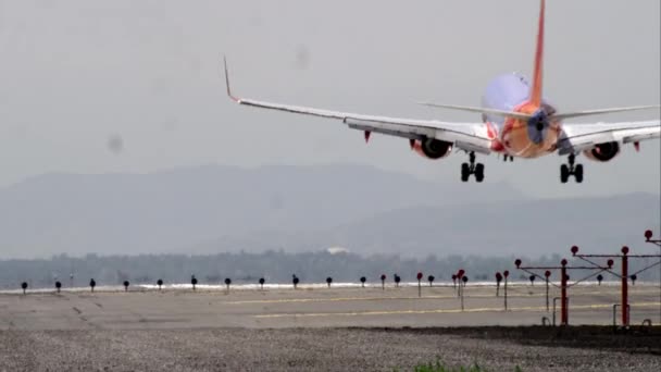 Disparo Desde Detrás Avión Comercial Aterrizando Pista — Vídeos de Stock