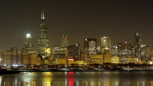 Ночной Хронометраж Чикаго Видны Самолёты — стоковое видео