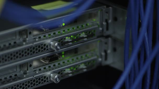 Вид Крупним Планом Мережевих Кабелів Обладнання Кімнаті Сервера — стокове відео