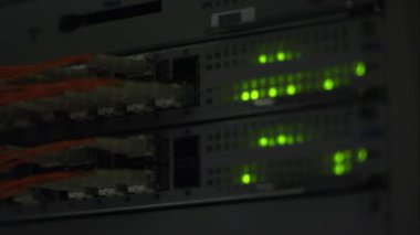 Yanıp sönen ışıklar içinde ağ kablosu takılı yanındaki sunucuda raf odak.