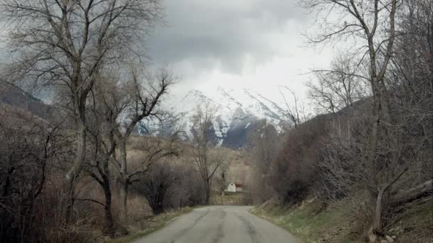 Timpul Trece Vedere Drum Copaci Fără Frunze Munte Acoperit Zăpadă — Videoclip de stoc