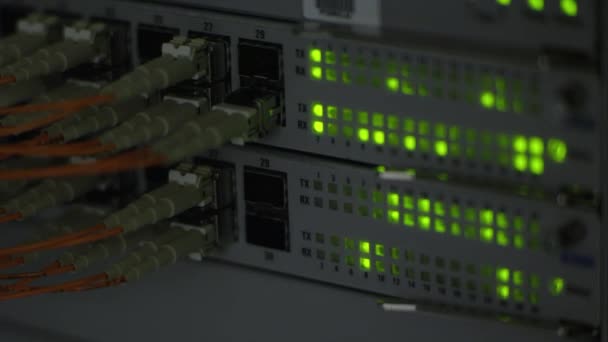 Fokus Rak Lampu Berkedip Dalam Server Jaringan — Stok Video