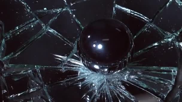 Slow Motion Steel Ball Falling Mirror Shattering Mirror Bouncing — Stock Video