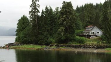 Alaska'da rıhtımda bir evin yakınında uçan kartallar.