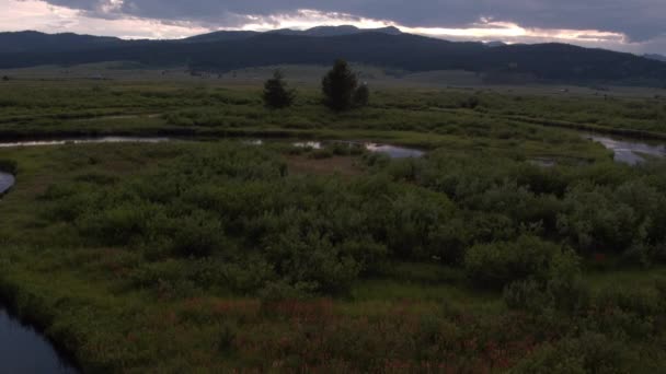 Flug Der Abenddämmerung Über Gewundenen Fluss Montana — Stockvideo